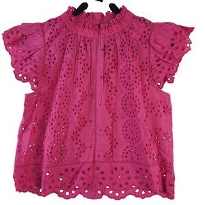 NEW Jennifer & Grace Eyelet Cotton Blouse Ruffle Sleeves Scalloped Hem Pink Sz S